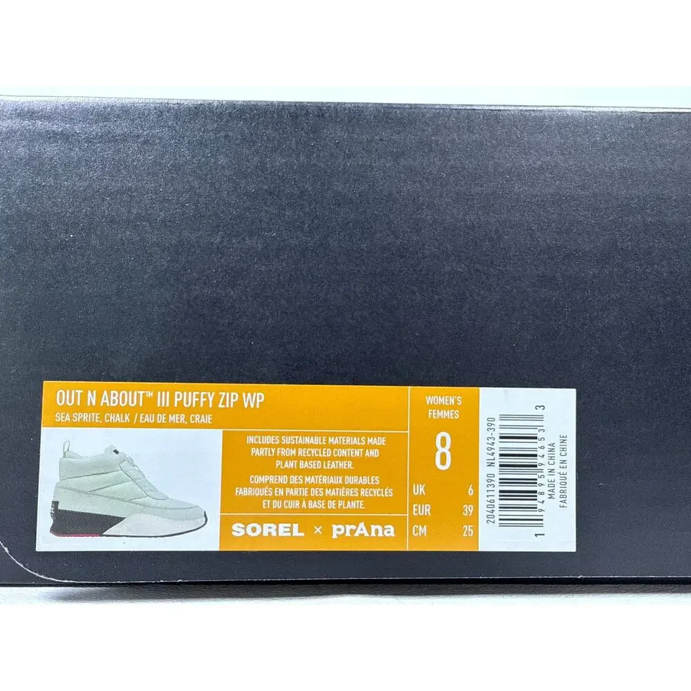 Sorel x‎ Prana Out N About III Winter Bootie Womens 8 Puffy Zip Waterproof Green